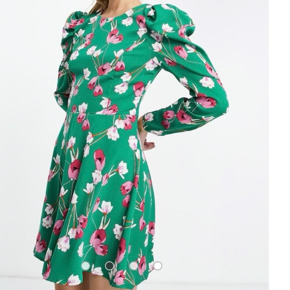 Girl Mind long puff sleeve mini skater dress green floral sz 8 NWT Christmas z